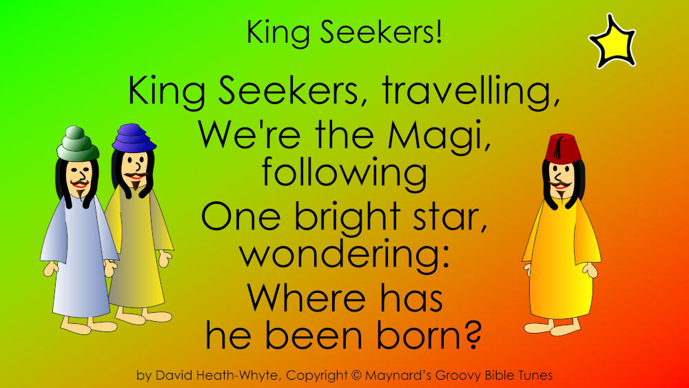 still from the video of the Children's Christmas Carol King Seekers, with three wise men and the lyrics of the first verse